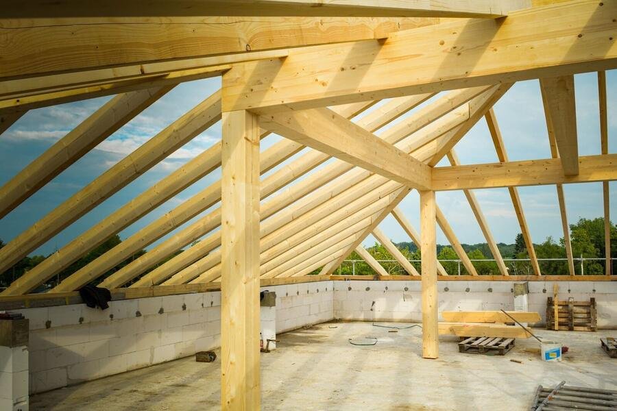 Vaulted timber roof structure of a new addition