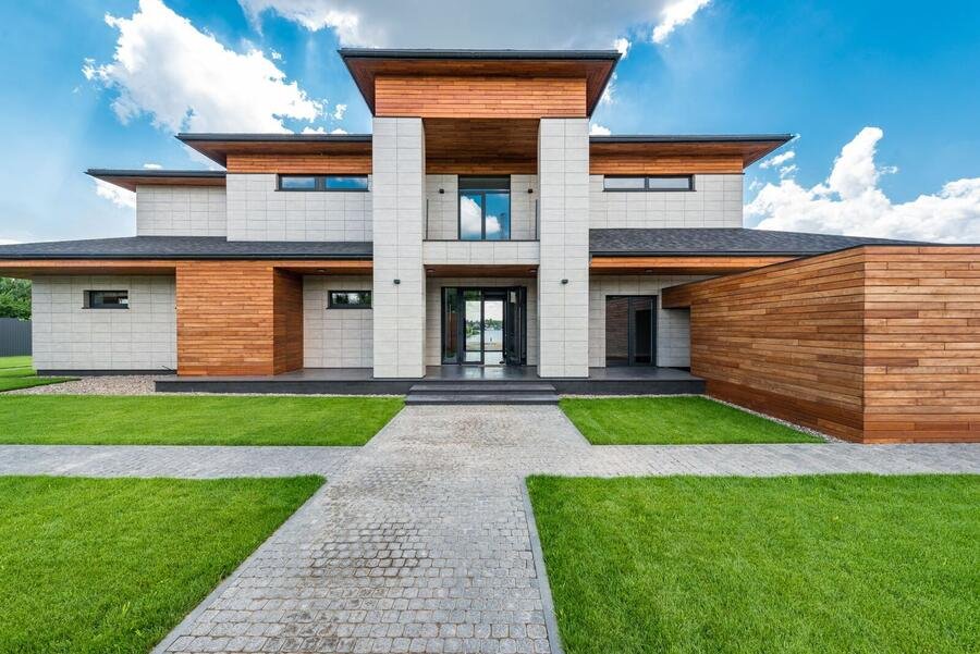 Contemporary home with terrace and architectural paving